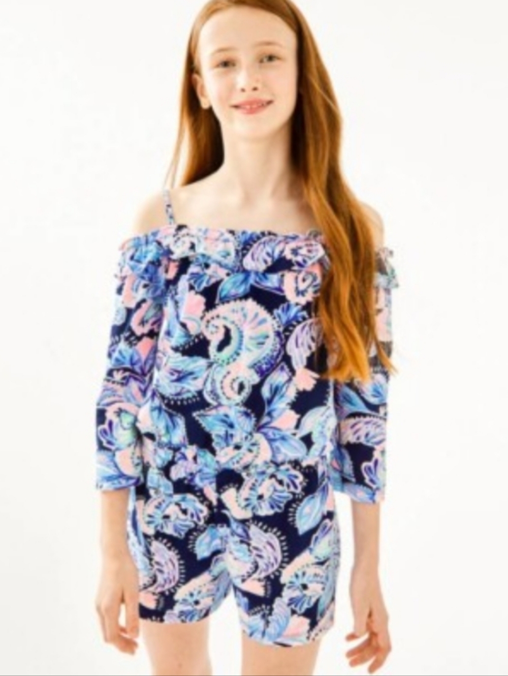 Lilly Pulitzer Girl's Margaret Off-The-Shoulder Romper Size 16